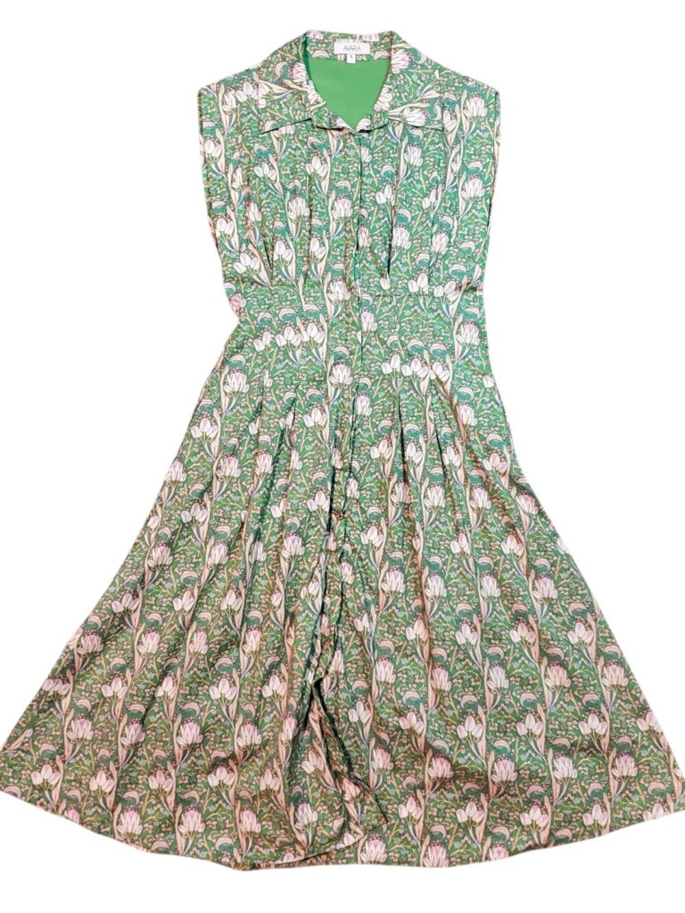 Avara Women's Green Floral Button Down Sleeveless Midi Dress - Small